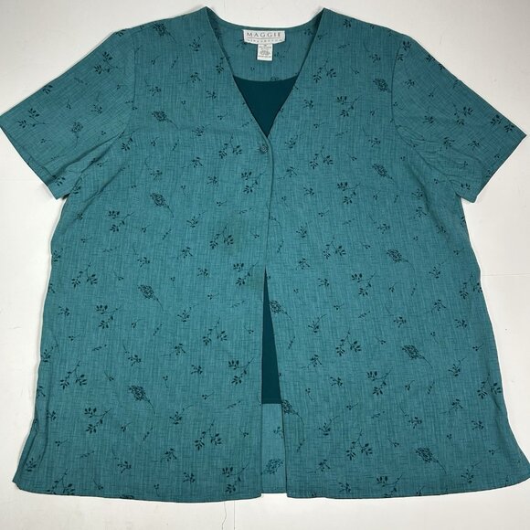 Vtg Maggie McNaughton Women Layered Look Blouse Green Floral Short Sleeve 1X - Picture 3 of 6